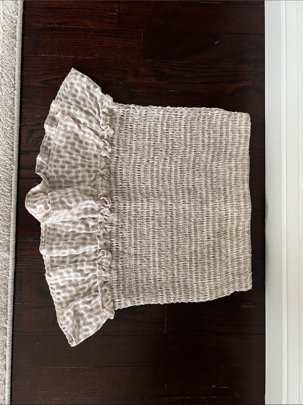 Smocked Strapless Ruffle short  in Light Beige Gingham / headband